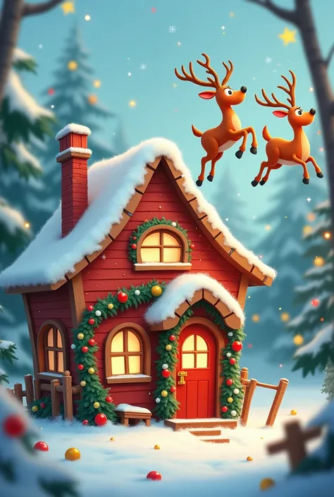 Cartoonized house, with Christmas decorations, deers flying over, celebration. Blurred out 