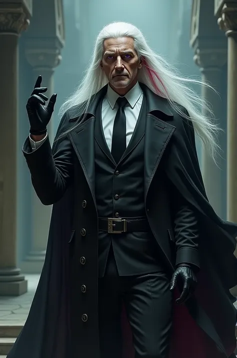 A man with long white hair, red at the edges, purple eyes, not very white skin, wearing a wardens coat, wearing a black nest-tie, a white shirt and a wardens cloak, wearing black gloves, making a gloved gesture.