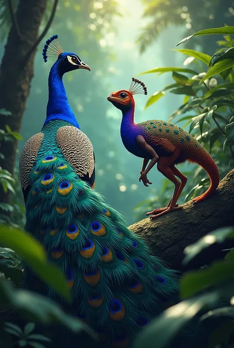 In a vibrant rainforest, a dazzling peacock fans its colorful tail feathers, challenging a chameleon blending seamlessly with the foliage. The peacock struts and flashes its iridescent plumage, while the chameleon shifts hues and moves with stealth. Their ...