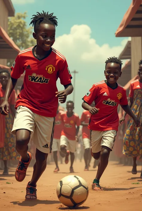 An african boys playing soccer wear manchester jersey, fat women in an african attire wearing nice clothes smiling. Young girl stealing a hen and being chased away by an old man