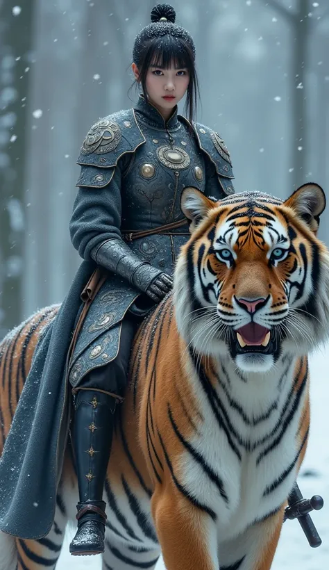 Create A Very Beautiful Korean Warrior Woman Sitting On A Giant Tiger, Armor*: Dark silver plate armor adorned with intricate, crescent moon patterns and a cloak with a subtle, shimmering effect , A Giant Tiger , Warrior Woman Sitting On The Tiger With A S...