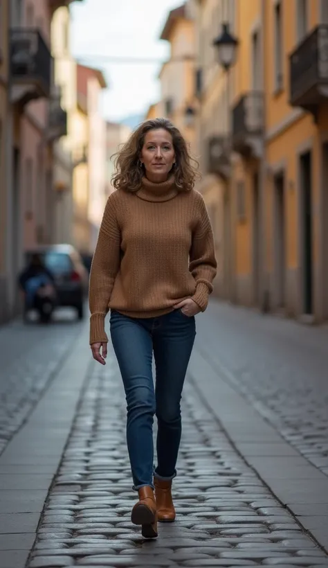 A 38-year-old woman walking on a cobblestone street, dressed in a turtleneck sweater.