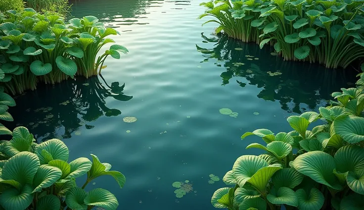 Aquatic plants seen from above with green leaves and calm water full hd 4K, realistic, images like made by midjourney