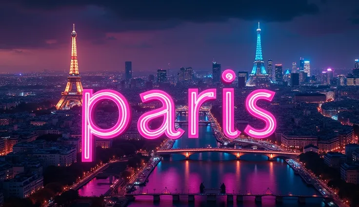 a poster of Paris at night, neon lights,  on the poster there is a text in 2 lines, the first line ""TLV -Paris"", and the second line "Yael & Lenny