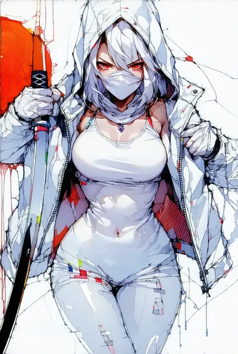 colorful sketch drawing, simple lines, Girl police officer , Seriously challenging look ,  athletic fitness body ,  messy white hair ,  red eyes,  in a tight white blouse with futuristic aspects, Assassins Creed style hood, futuristic ninja accessories ,  ...