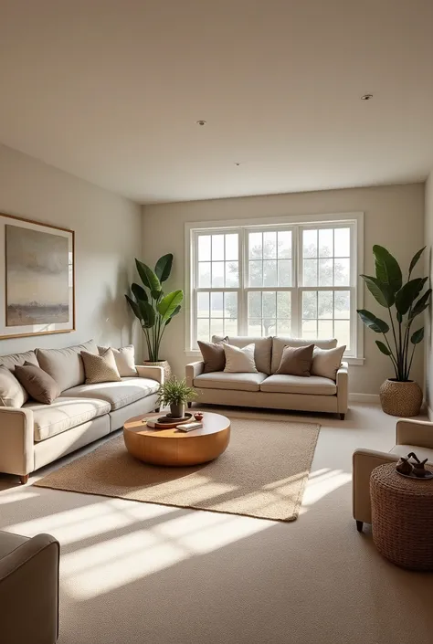 Wide view of a simple comfortable basement. living room，without people