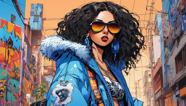  Rebellious Hiphop Woman with a Microphone ,  her dark hair is styled in a punk rock style ,  long hair　 compliment her brown eyes and light brown skin . image,  probably vivid paintings ,  accurately captures her bold and unique style . Every Little Detai...