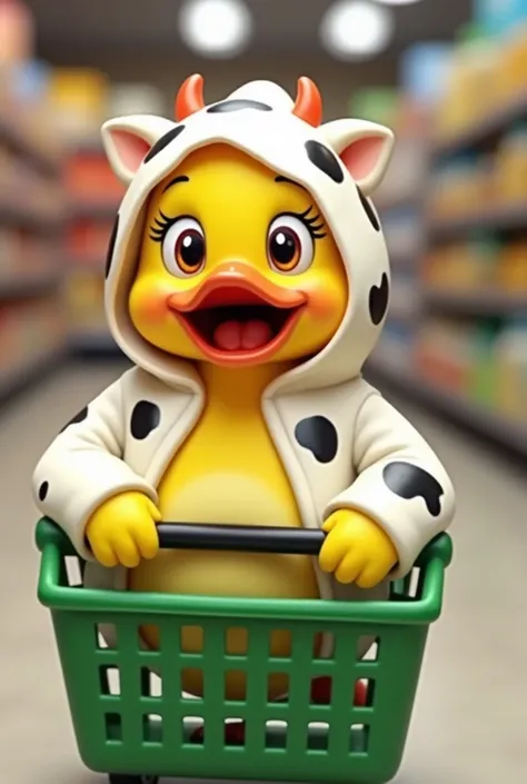 A yellow duck wearing a white hoodie costume in the shape of a cow, sitting on a green mini trolley with an exaggerated expression, eyes bulging, mouth wide open. The background shows shelves with various items, adding a cheerful and fun feel to this image...