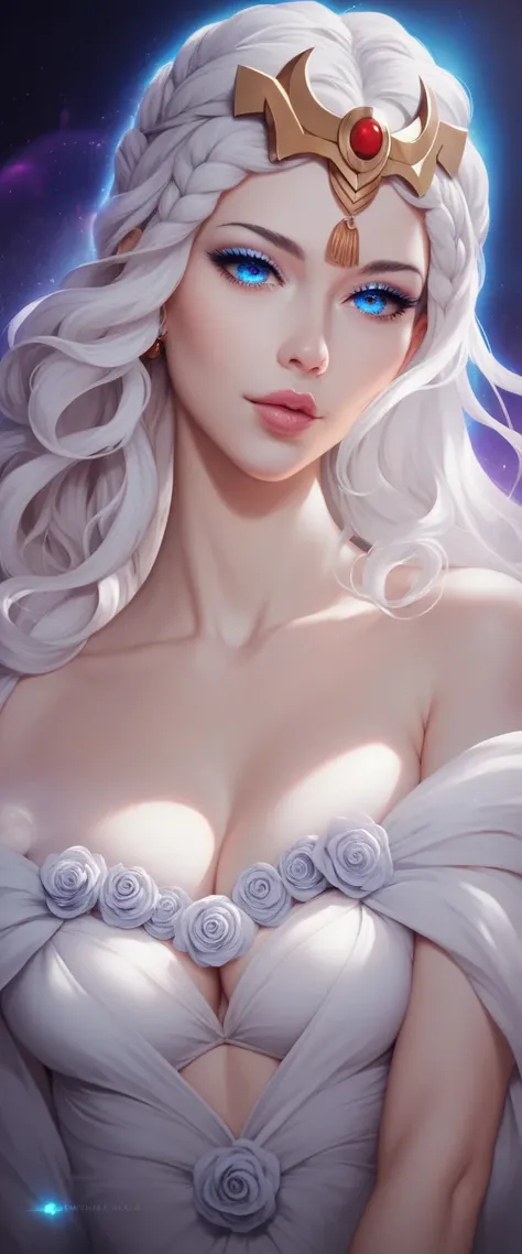 a detailed portrait of Kaguya Otsutsuki, beautiful detailed eyes, beautiful detailed lips, extremely detailed face and features, long lashes, pale porcelain skin, elegant and regal expression, flowing white hair, intricate ornate headpiece, flowing white d...