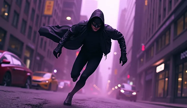 A masked vigilante in an Urban Parkour Pursuit, leaping across rooftops with the cityscape as a backdrop. Utilize striking dark purple and black to convey motion and adrenaline --ar 3:2 --style raw