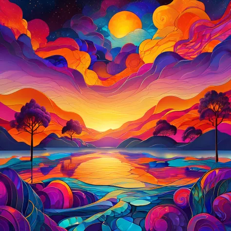 masterpiece, best composition, dynamic composition, colorful landscape painting, psychedelic landscape, vibrant abstract landscape, painting of sunset over ocean with waves and clouds, beautiful sunset, the most beautiful sunset, pretty sunset, amazing sun...