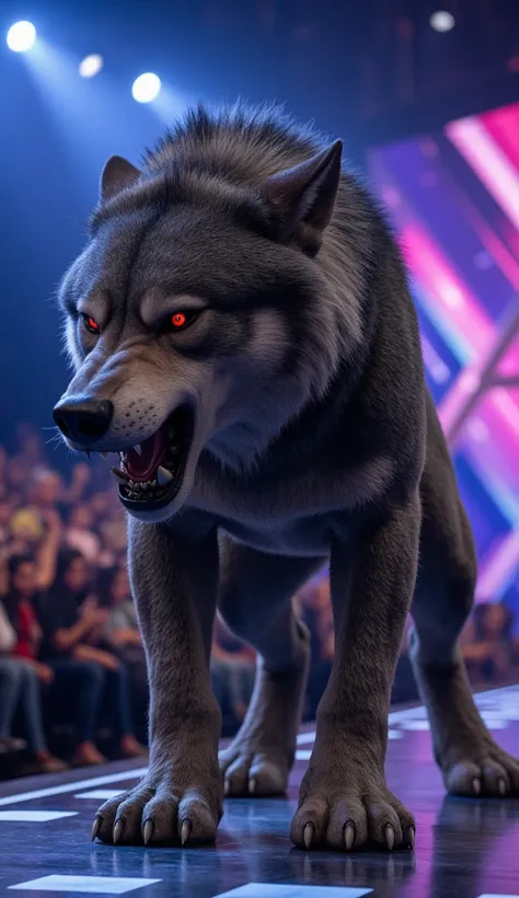 A hyper-realistic depiction of Fenrir, the legendary wolf from Norse mythology, standing powerfully on the Got Talent stage. Fenrir is enormous, with a muscular, imposing physique, featuring a realistic, fierce wolf-like coat with dark gray and black fur, ...