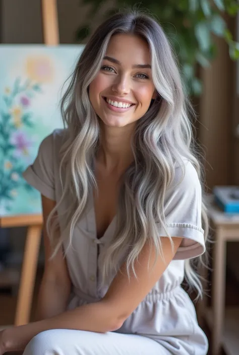 Gorgeous long wavy silver grey lilac tint ombre haired young woman! She is sitting in an art room she is painting on a chiezle and canvas. The canvas is behind her and on it is a beautiful magical pece of art. She is smiling at the camera, and wearing a go...