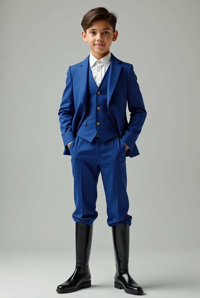 Boy graduate  with royal blue coat suit, mid colour skin, brown louis zip boots, black short hair combed nicely, real human, a bit short as  boy 