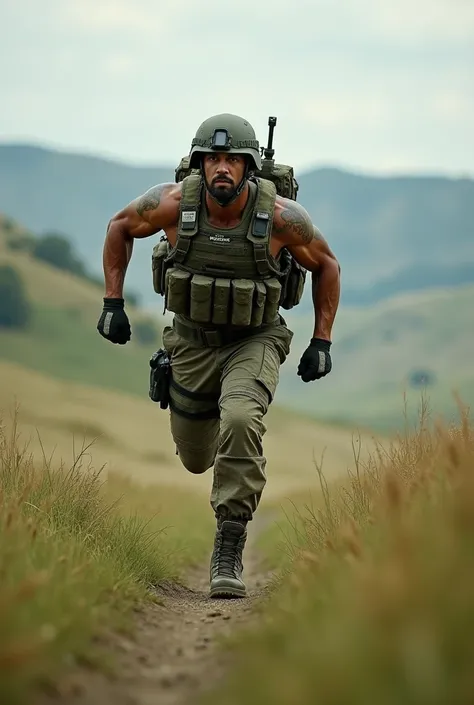 Man with muslek and military suit and helmet running across fields 