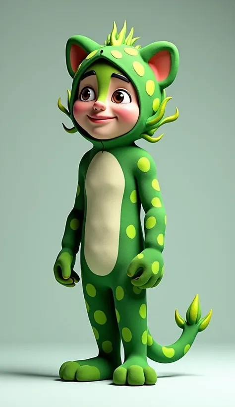 3D cartoon image of a man wearing a eucalyptus phanter costume with name HUNGRY EUCALYPTUS PANTHER written beneath the floor. Looking at viewer,  wide shot.