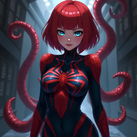 An erotic red-haired girl with blue eyes ,  and short and blunt bob ,  in a tight suit that looks like an organic mass with the spider design of the Venom symbiote,  with a sarcastic smile on her face , in anime style.  hair in beautiful colors and nightli...