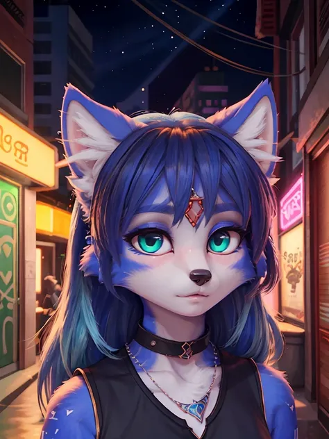 ((krystal)), Star Fox-Krystal, lovable, green eyes, ((( Long blue hair 1 .3))), Decollete, anthro, Fuzzy,  detailed Fluffys fell,  detailed face , (Fluffy),  1 girl, ,woman, Goth, green eyes, undercut, ultra-realistic 8k cg ,  masterpiece, (( ultra-detaile...