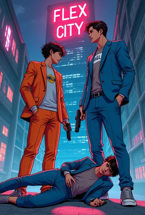 Mysterious person One person  wearing an orange suit with a shirt printed with the words IS1.And there was a man in a blue suit with the word AGL printed on his shirt  Unconscious.Everyone is a teenager and holding a gun.Modern manga line drawings.  In a c...