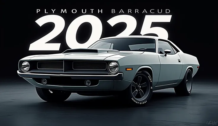 The image is a digital illustration of a2025 blue Plymouth Barracuda sports car. The car is shown from the left three-quarter angle, with the front grille in the left and the headlights on either side. The background is black with white text that reads "20...