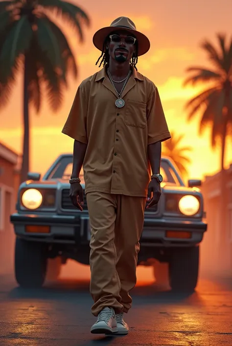  an old style black rapper dressed like Snoop Dogg 　In the background, the car is bouncing using the front wheels 　 The background incorporates reggae and palm trees move and the sunlight at sunset is shining　 posing like a c walk 