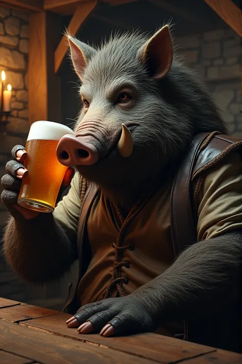 Create a boar in the shape of a man drinking a glass of draft beer