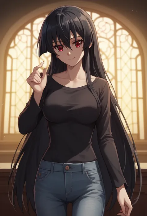 1girl, solo,akame, long hair, black hair, red eyes, hair between eyes,smile,BREAK shirt, long sleeves, collarbone, black shirt, pants, denim,BREAK indoors,looking at viewer, (cowboy shot:1.5),(masterpiece:1.2), best quality, high resolution, unity 8k wallp...