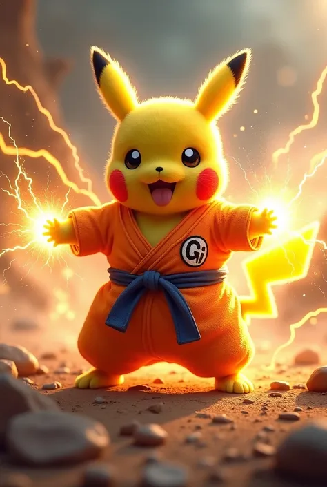 Pikachu déguisé en sangoku qui lance une boule dénergie 