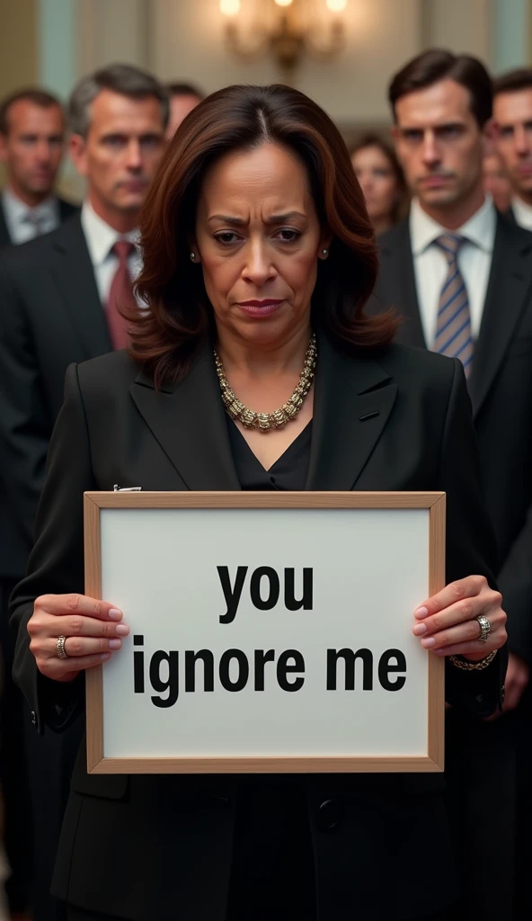 An AI generated Realistic Image of Kamala Harris in proper visible sad face, while holding a sign board with "You Ignore Me" in Bold letters, in background there should be elite peoples 