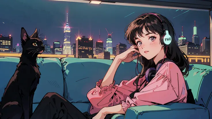  top quality, 8k,  1990s style , 2010s hairstyles,  21 year old girl ,  black hair,  long hair,  light brown eyes,  city pop, night view,   glare of neon lights around the headphones,   sitting on the couch,  upper body, is staring at me,  Black Cat
