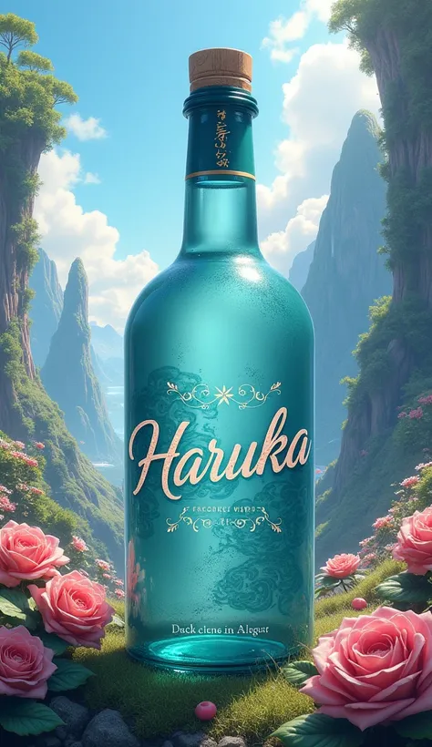 Write the name Haruka brilliantly in cursive on the bottle and make the background a fantastic landscape