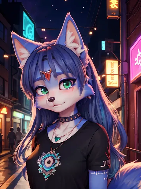 ((krystal)), Star Fox-Krystal, lovable, green eyes, ((( Long blue hair 1 .3))), Decollete, anthro, Fuzzy,  detailed Fluffys fell,  detailed face , (Fluffy),  1 girl, ,woman, Goth, green eyes, undercut, ultra-realistic 8k cg ,  masterpiece, (( ultra-detaile...