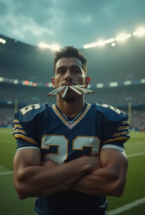 "A fictional football player, holding multiple cigarettes in their mouth, standing in a humorous pose. In the background, a football stadium at dusk. The player is wearing a football jersey, and their body language exudes confidence, but the cigarette scen...