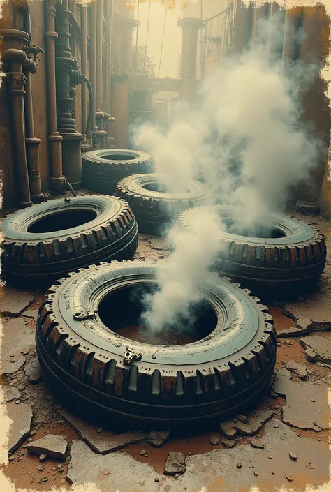 Retro 2D illustration, art poster, Broken, crushed, and punctured tires、A large amount of steam is coming out of the hole in the tire, steampunk style,