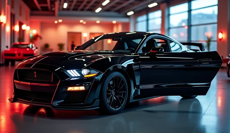 A 2025 black Ford Mustang Shelby GT500 Fully polished, captured from the front open door, highlighting the aggressive spoiler and iconic Shelby branding, displayed in a luxurious showroom with blurred background with  lighting creating a vibrant reflection...