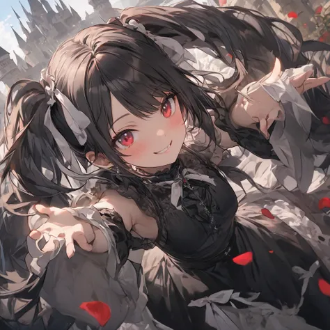 (  masterpiece  ), (   top quality), (    super detailed ),    1 girl,  long hair,  smiles,  black hair,  red eyes,  white ribbon,  twin tails, Small Crown， female  ，Gothic，Rose petals dance，Black， Dutch angle , Castle Background， poster/magazine illustrat...