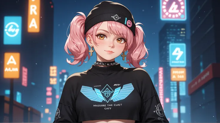 Front straight eye-level faraway shot of a cheerful anime girl full body with short, pastel pink hair styled in twin tails, rich amber hue eyes, accessorized with a small black beanie and delicate cross earrings. Light falls gently on her face, highlightin...