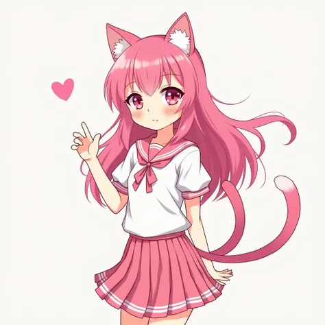 1girl, pink hair, long hair, School uniform, pink eyes,cute face, anime style,cat ears, tail cat, paw pose,