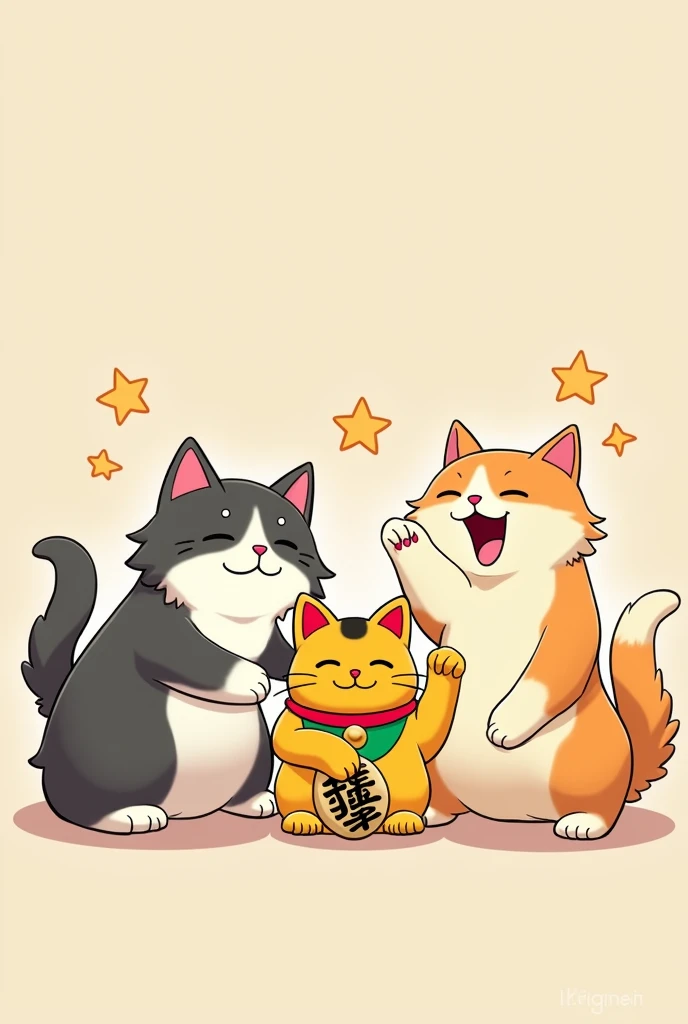 2D style image of two long-haired cats playing with maneki-neko