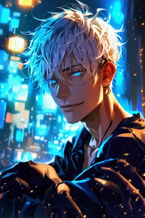 (solo), (1 male), (1 man), handsome men, (one man with white hair with dark blue inner hair color, blue eyes), short hair, messy hair,smile,((masterpiece)), (dark background: 1.3), (stylish), dynamic angle, (detailed face, detailed eyes, proportional hands...