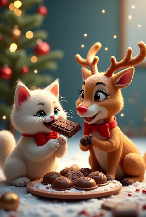 The Christmas cat and the reindeer eat chocolate 
