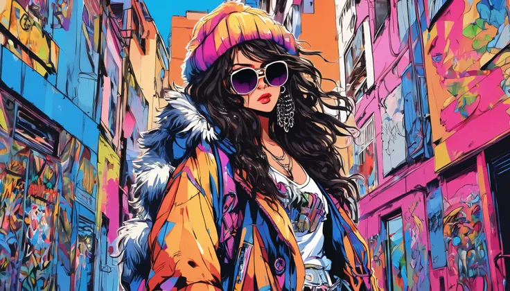 中Threatening Fuck Poses by Raising Your Fingers 　 rebellious hip-hop woman ,  her dark hair is styled in a punk rock style ,  long hair　 compliment her brown eyes and light brown skin . image,  probably vivid paintings ,  accurately captures her bold and u...