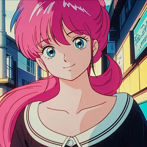  High Quality ,   Masterpiece ,　 pink hair ,  1 girl , smile, smile, 80&#39;s anime vibe, style of Macro,   Im studying 80s anime style,   80s anime art style  , Macro, 1980s anime style
