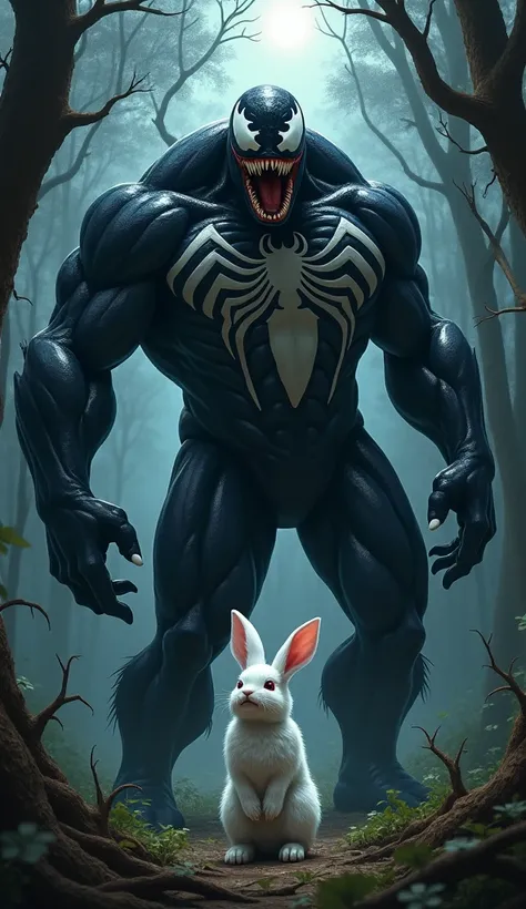 An ultra-realistic, hyper-detailed depiction of Venom standing menacingly in a dark forest, his black, slimy, muscular body glowing under a faint moonlight. Beside him is a small yet defiant white rabbit with bright red eyes, standing on its hind legs and ...