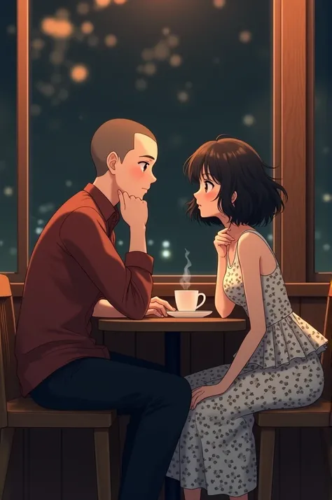 Anime
A boy and a girl sitting face to face in a coffee shop. Dim light.

Boy buzz cut hair, long black pants, mahogany color shirt.

Girl short curly wave hair, wearing white and black pattern peplum dress