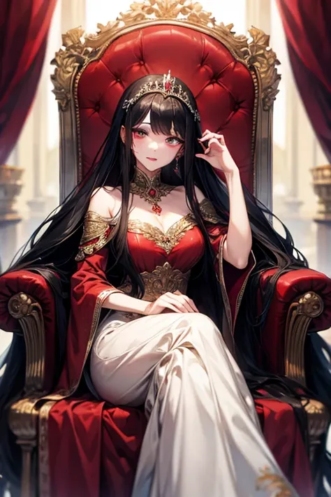 ((masterpiece)), (( top quality)), ( beautiful woman),  perfectly detailed eyes ,  perfectly detailed face,    perfect,  high definition 、 red lips,Crimson Dress、 long dress 、drape、 black hair、 long hair on background、 pale skin、Gorgeous、palace、Throne、Sitt...