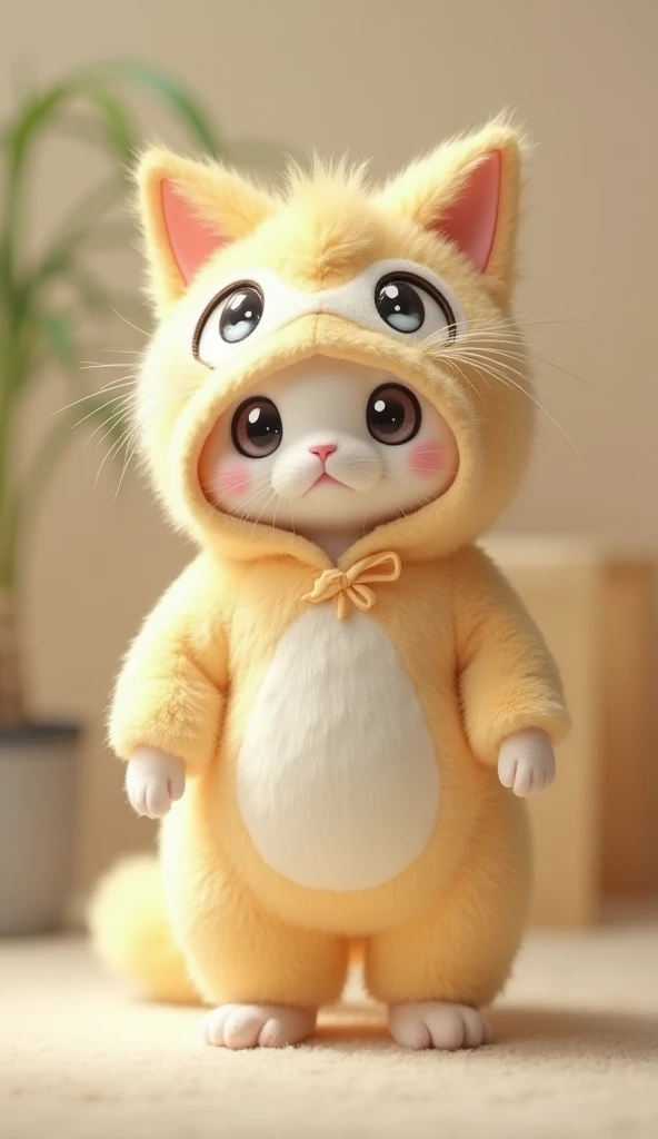 Cat wearing  Jirachi costume pajamas、 big eyes、whole body、 simple background 、Fluffy and big 、real photo、Standing  photo、Fluffy cat、