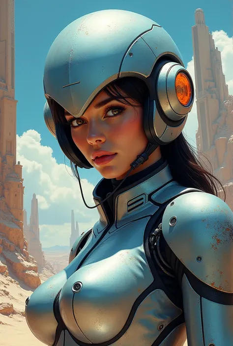 there is a painting of a woman with a helmet, Stephen Hickman- Translation, estilo de arte synthwave ]!!, Cinemascope Panorama, atompunk, epically luminous image, pioneering aesthetics, spell, futuristic france, Juan Gimenez,  trend in artstation , by Juli...