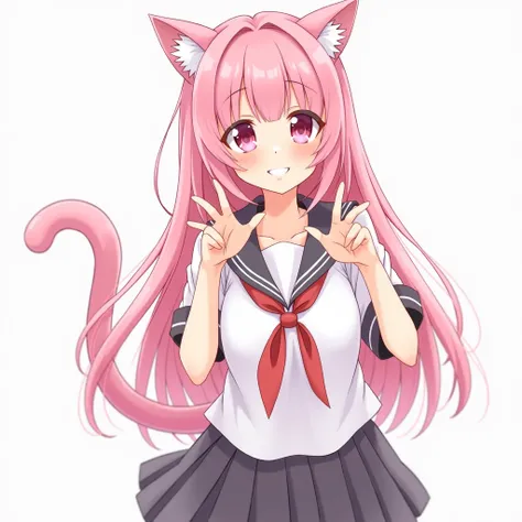 1girl, pink hair, long hair, School uniform, pink eyes,cute face, anime style,cat ears, tail cat, (cat paw pose)