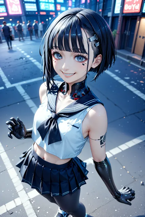    An 18-year-old high school student wearing a summer sailor suit and a short black pleated skirt 、  Underneath , SILVER HIGH NECK INNER  。   Has a Glossy Black Twintail Hairstyle    。   Wears Large Metallic Black Opera Gloves and Black Tights   。   weari...